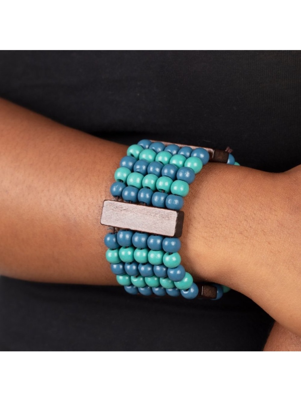 Paparazzi Island Soul Blue Teal Turquoise Beaded Wood Stretch Bracelet NEW